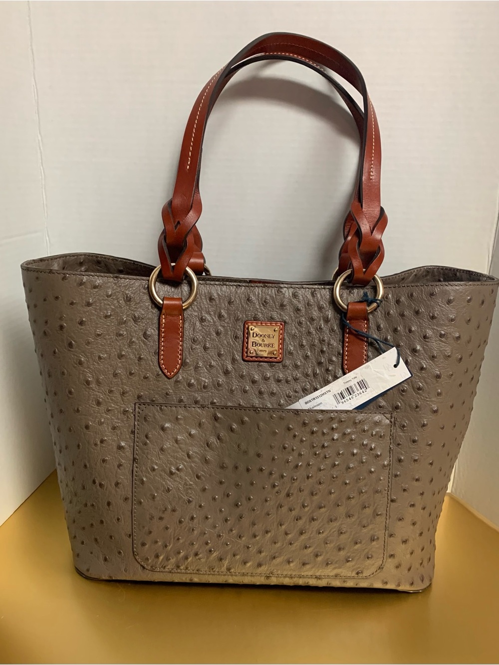 Dooney & Bourke Tammy Mushroom Ostrich-Embossed Tote with Brown Braided Handles